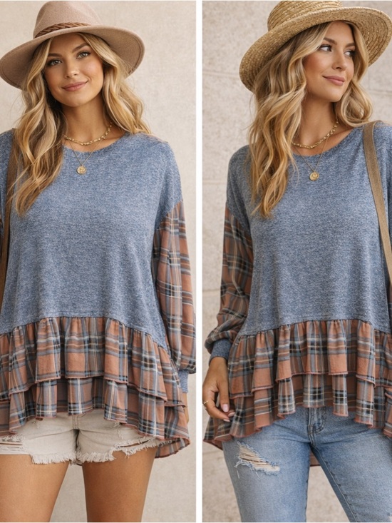 Umgee Tops - Umgee Blue Knit Top with Brown Plaid Ruffle Details